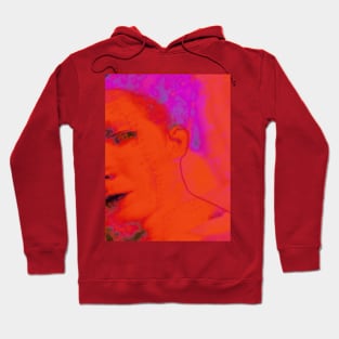 Portrait, digital collage and special processing. Face glimpse.Very beautiful guy. Very soft. Orange, red and violet. So nice. Hoodie